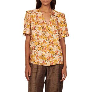 NWT SANDRO Silk Flower Blouse 1 (2-4) Ivory Yellow Orange